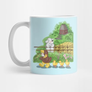 Cat leads cute little ducks Mug